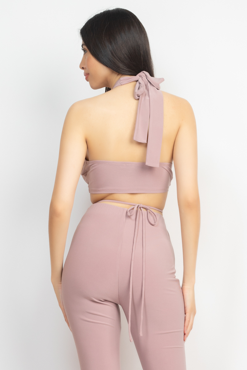 Solid Halter Top And Elastic Leggings Set - Image 5