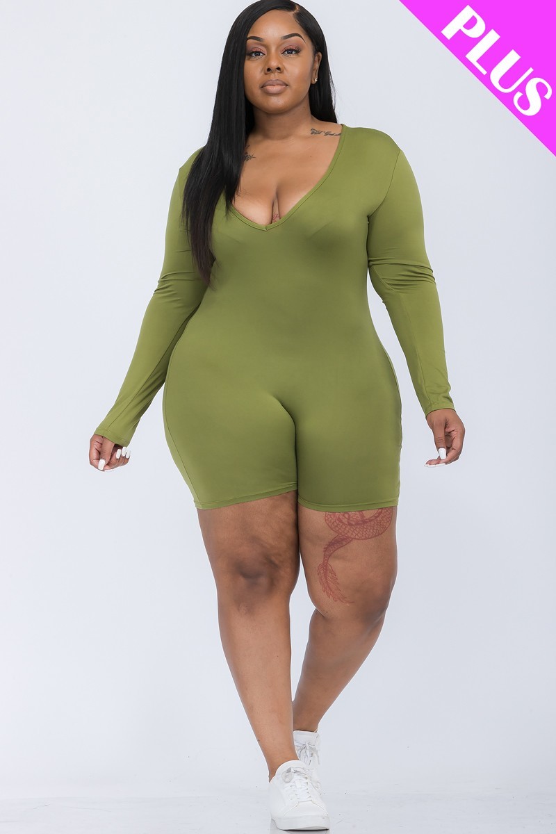 Plus V-neck Long Sleeve Bodycon Romper - Image 2