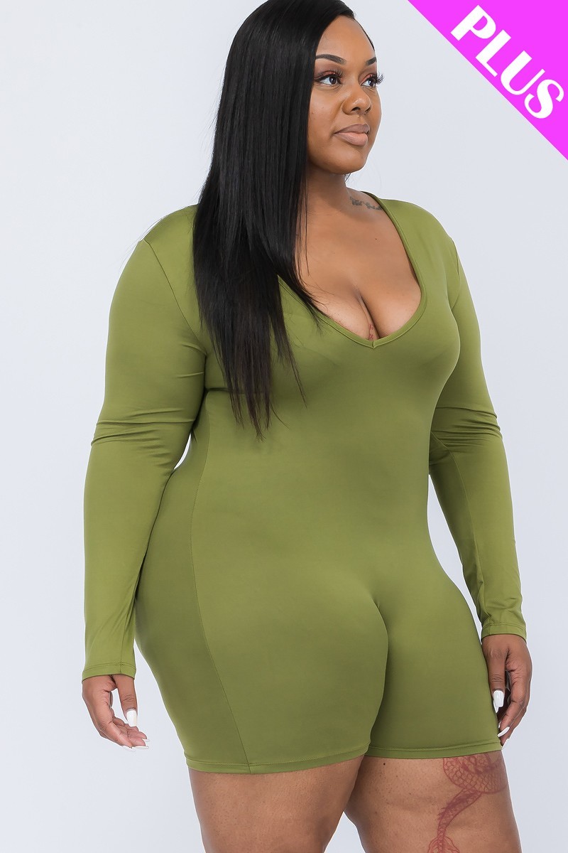 Plus V-neck Long Sleeve Bodycon Romper - Image 3